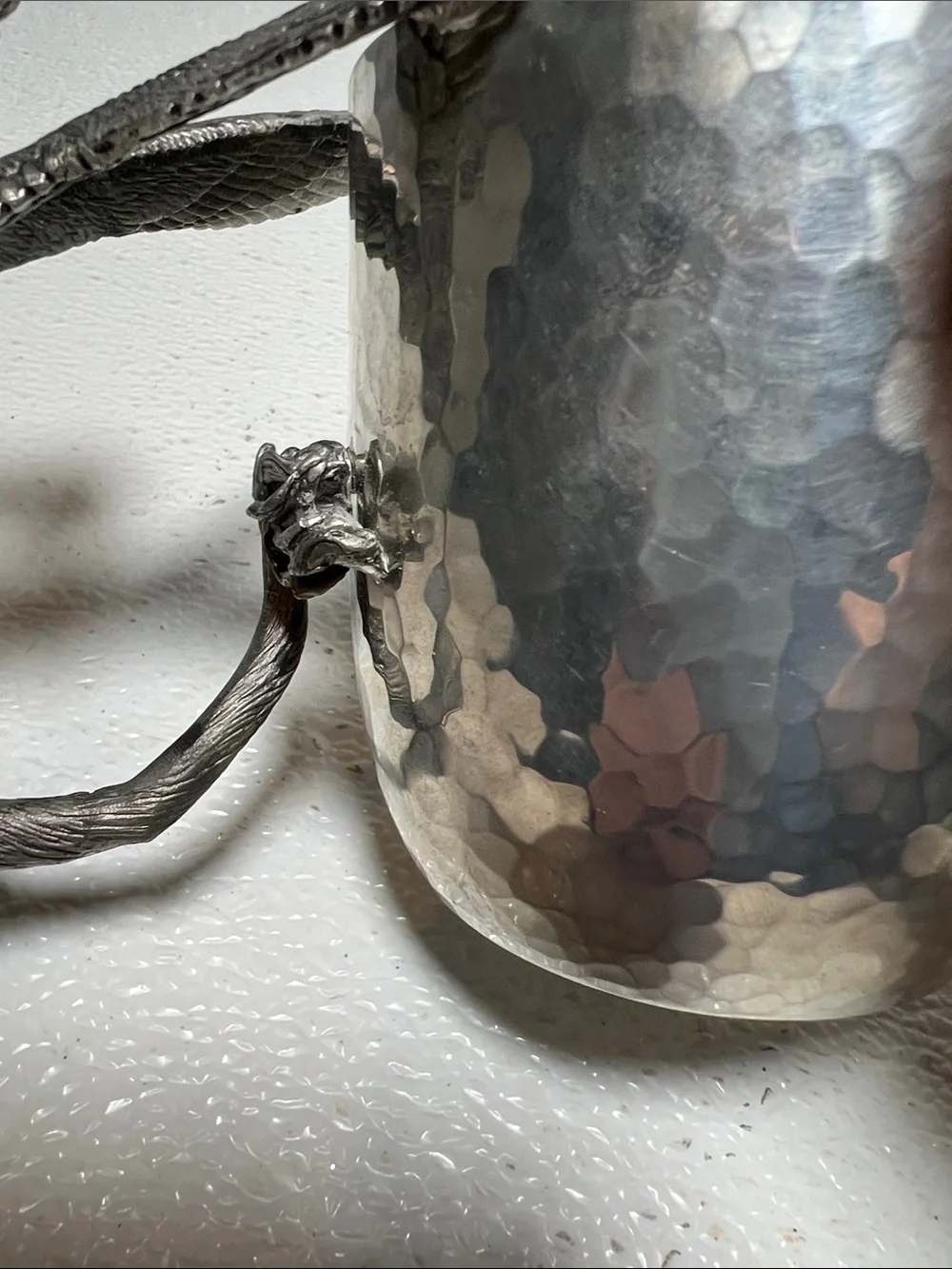 Ballema Bay Pewter Hammered Silver Cup with Decorative Winged Dragon Handle 1990
